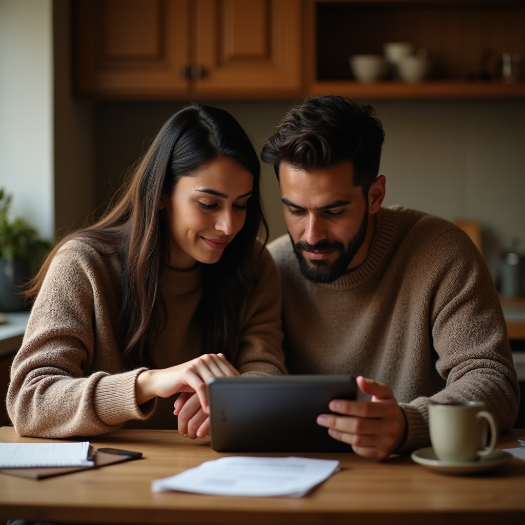 Couple sitting together reviewing household budget on a tablet