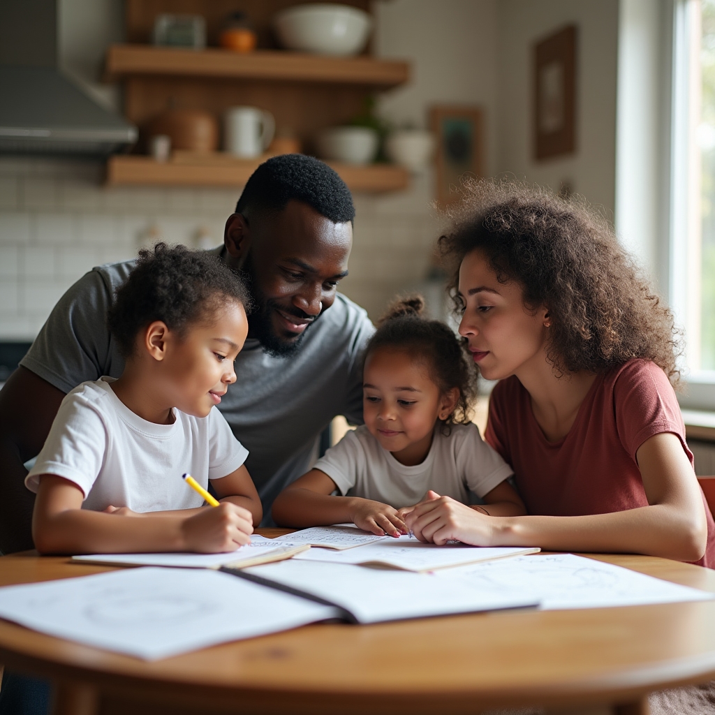 Family having a relaxed financial conversation at the kitchen table