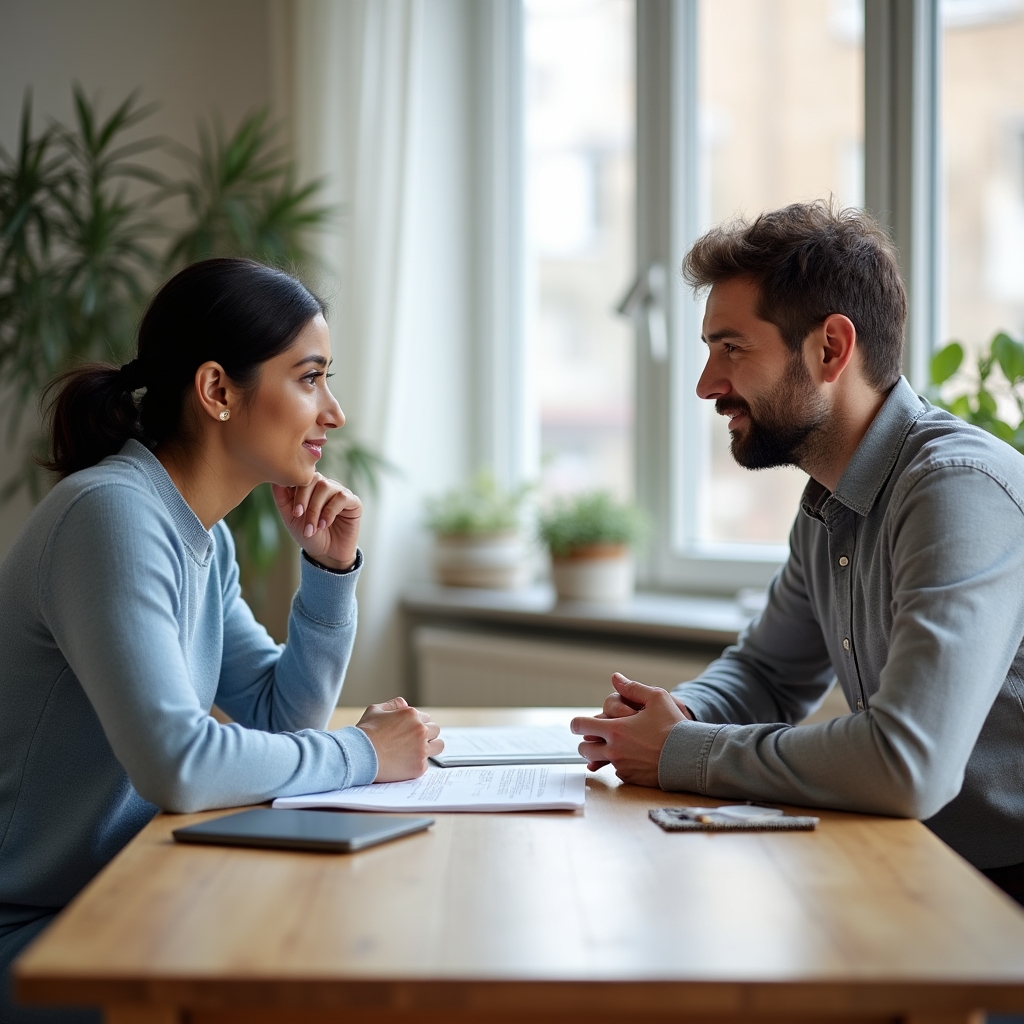 Two people at a table with papers and a laptop, having a calm money discussion