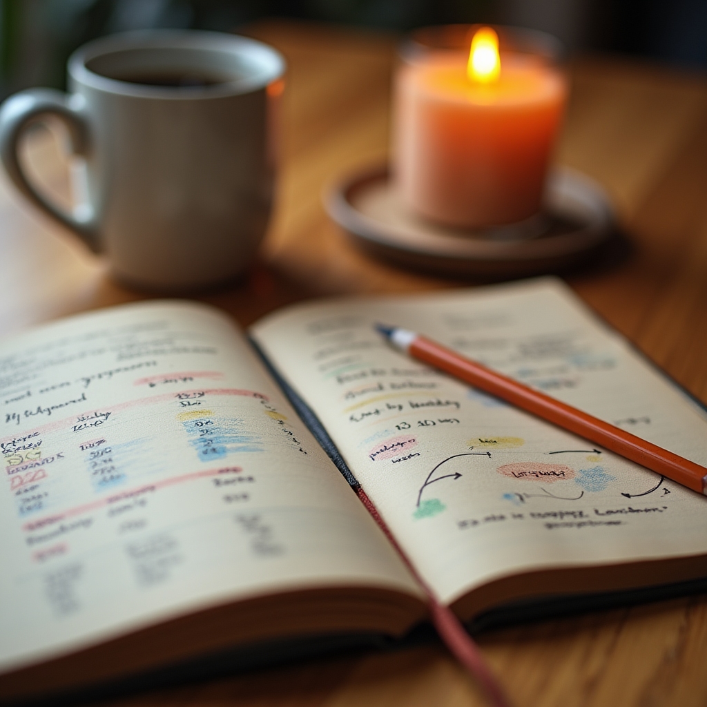 Hand-drawn budget sketch in a notebook with pencil and coffee cup