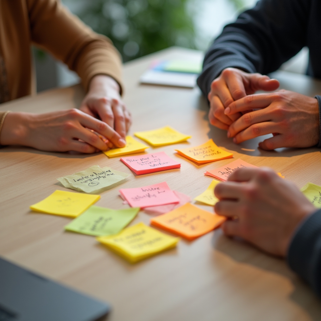 Two people using sticky notes to map out their different communication styles