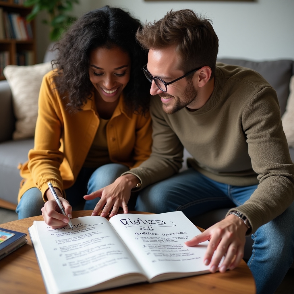 Couple with a vision board and notebook, mapping shared financial goals
