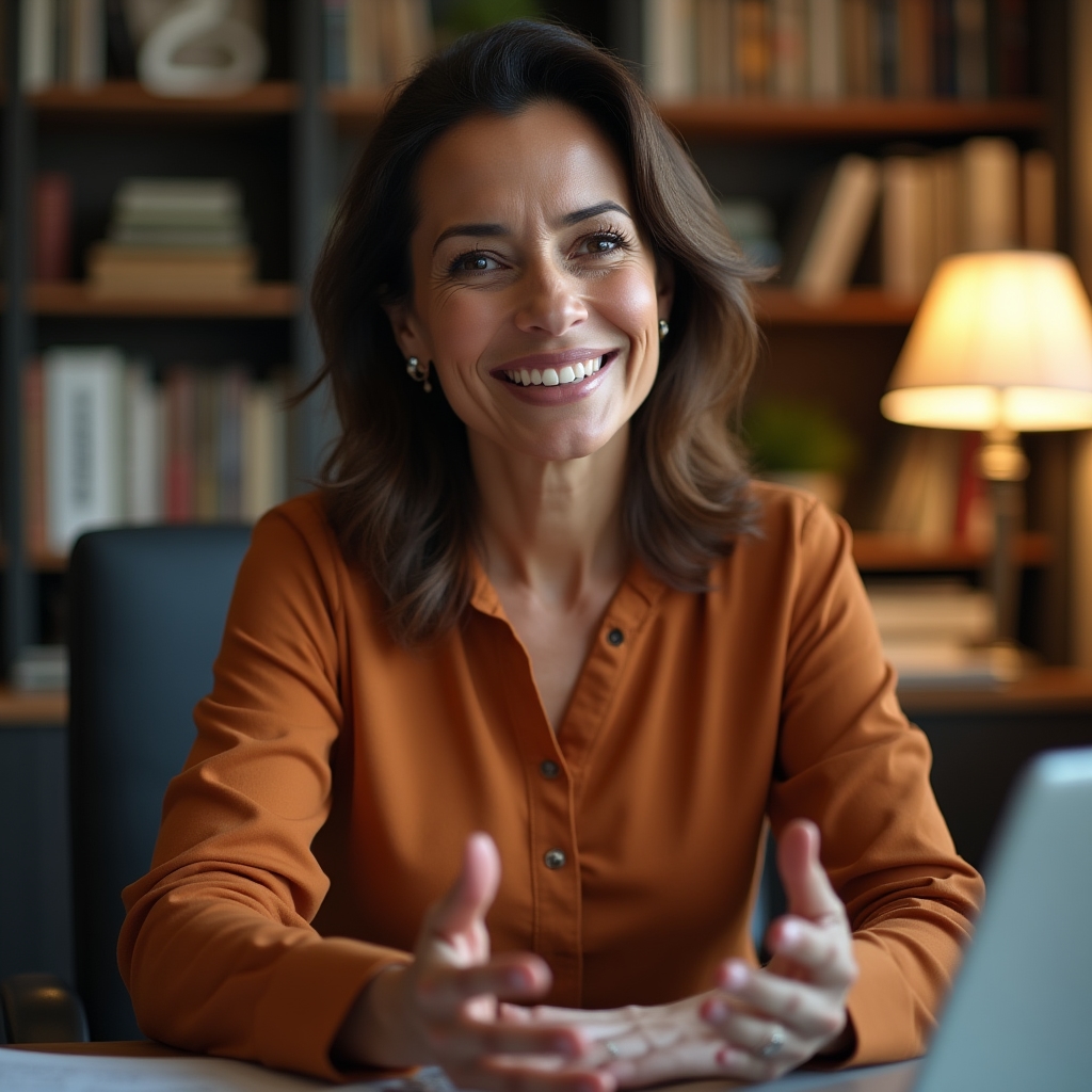Webinar presenter speaking warmly from a home office setup